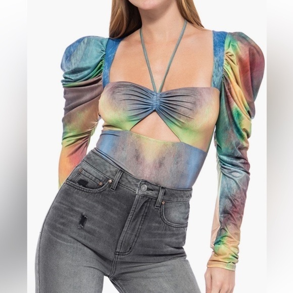 AFRM X Revolve Coppelia Long Sleeve Radical Multi Watercolor Bodysuit Sz M NWT - Picture 1 of 16